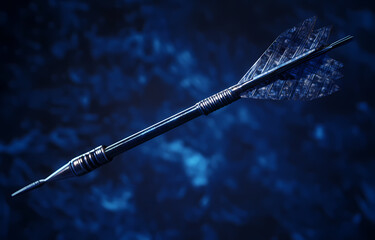 Fototapeta premium Intricate Dart: A close-up view of a meticulously crafted dart, its sharp point and feathered flights standing out against a textured blue background, embodying precision and focus.