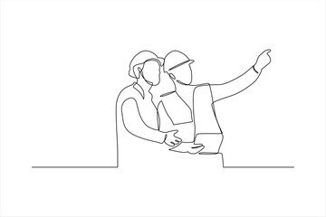 Two construction workers collaborating on a project, pointing towards future plans