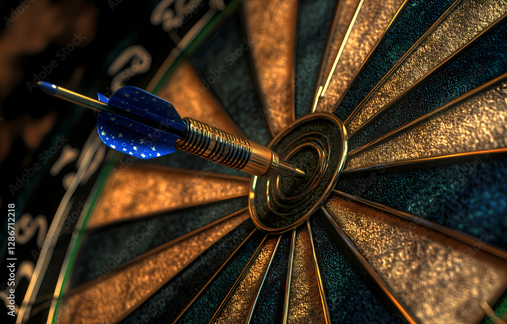 Poster bullseye: dart embedded perfectly in the bullseye of a dartboard, symbolizing precision, accuracy, a