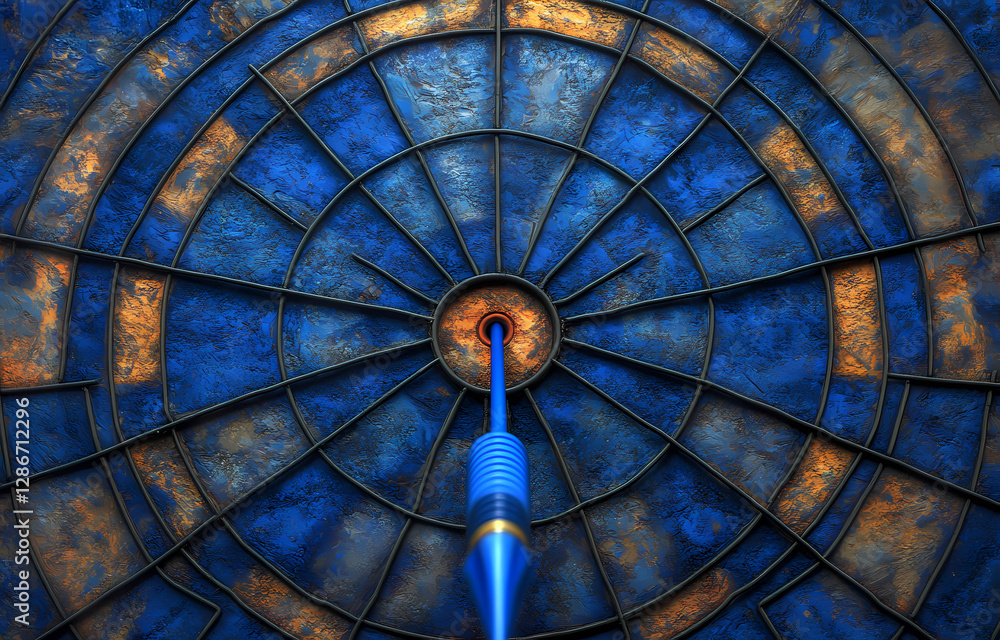 Poster aiming for the bullseye: a striking close-up shot of a dart piercing the center of a textured dartbo