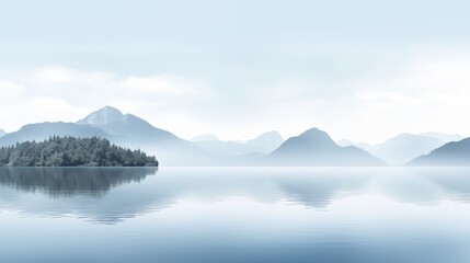 A calm lake with reflections of mountains, right empty space, light gray-blue background ,generative ai illustration