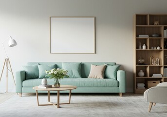 Obraz premium Bright living room. Teal sofa, blank art print, wooden bookshelf, coffee table with flowers. Modern, comfortable.