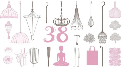 Various Patterns of Items in Pink and Gray like Chandeliers, Hooks and Flowers, with Pink Numbers "38" in the Middle