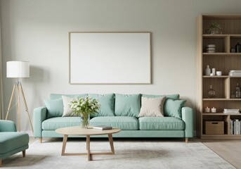 Bright living room. Teal sofa, blank art print, wooden bookshelf, coffee table with flowers. Modern, comfortable.