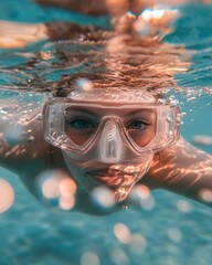 Naklejka premium Underwater Exploration: Young Girl with Snorkel Mask and Clear Water Background