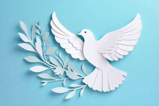 White paper dove with outstretched wings and paper olive branch on blue background