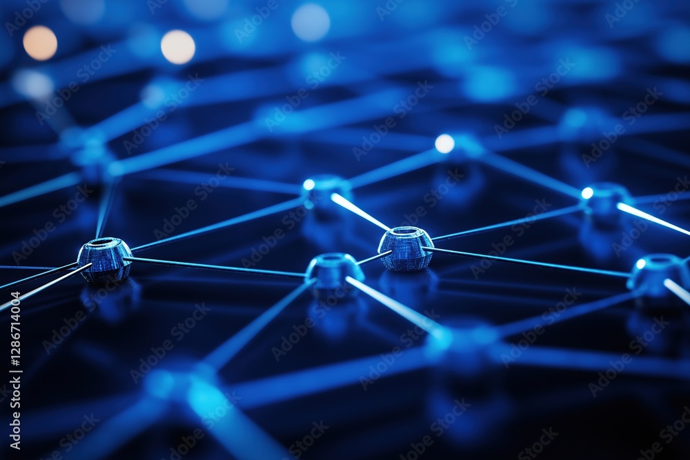 Poster interconnected digital nodes on a blockchain grid with glowing lines and network depth