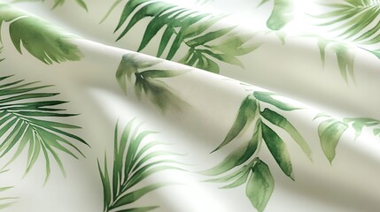 Tropical Leaf Pattern Fabric Close-Up, Close-up of fabric with a green tropical leaf pattern, showcasing detailed leaf designs on a white background