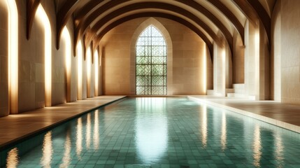 Fototapeta premium This exquisite indoor pool showcases gorgeous play of light through finely crafted architecture, emphasizing comfort and relaxation in a modern, luxurious atmosphere.