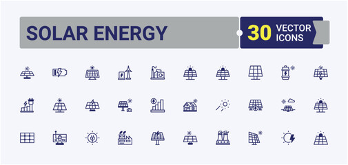 Solar Energy trendy minimal icons. Includes thin line sun, roof, fuel, atom, equipment, electricity, battery and more. Minimalistic icon. Solid line editable stroke. Vector line and solid icons.