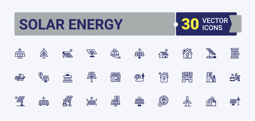 Solar Energy trendy minimal icons. Includes thin line sun, roof, fuel, atom, equipment, electricity, battery and more. Minimalistic icon. Solid line editable stroke. Vector line and solid icons.