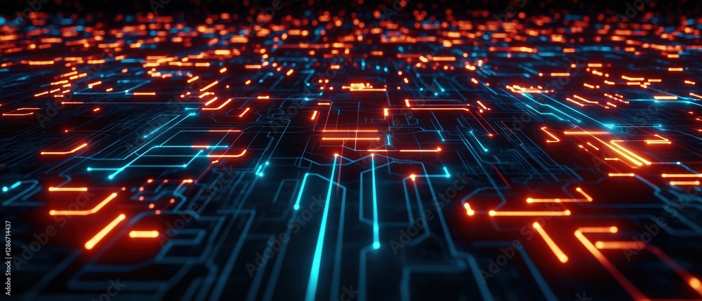 Aufkleber dark circuit board with neon highlights and pulsing lights in abstract design