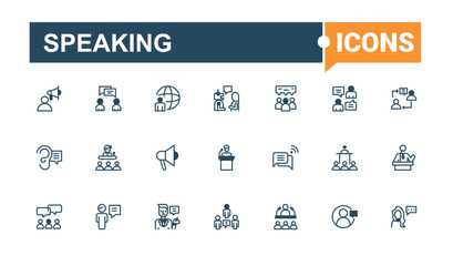 Speaking linear icon. Featuring discussion, dialog, message, 5on, pr, training, speaker and more. editable stroke. Vector line and solid icons.