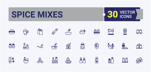 Spice Mixes collection. Related to dill, mint, shaker, aroma, pepper, condiments and more. Icons for design. Vector outline and solid icons collection.