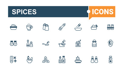 Spices icon collection. Includes icons for web, powder, garlic, 5ar, leaf, ingredient, bay leaf and more. Flat icon. Solid line editable stroke.