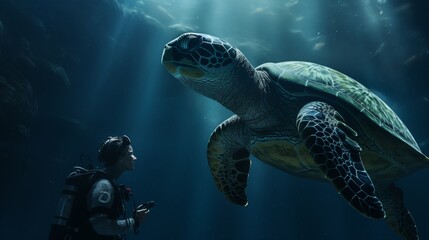 A diver interacting with a friendly sea turtle, right empty space, light seafoam background,generative ai illustration