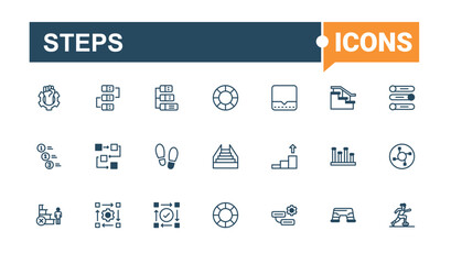 Steps minimal icon set. Related to business, steps, man, climb, ladder and more. Simple line vector. Editable vector outline and solid icons.