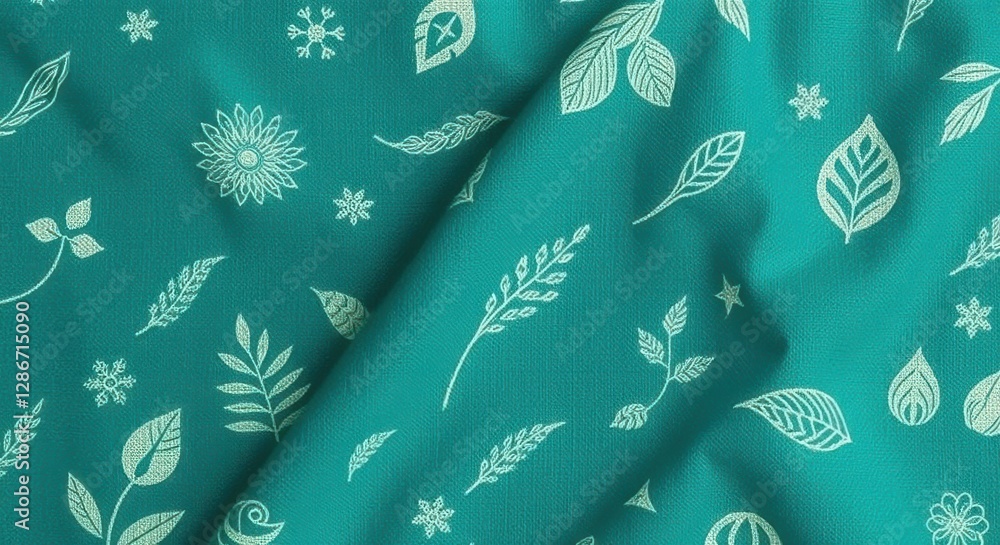 Poster teal fabric with an all-over pattern featuring white flower, leaf and snowflake drawings on a textur