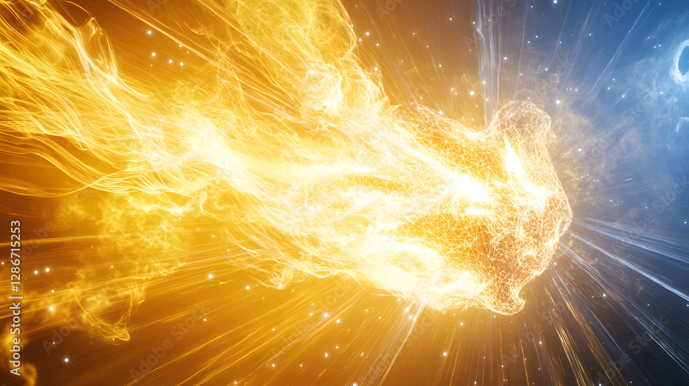 Poster dynamic explosion of yellow light and sparks creating an artistic display in a dark background
