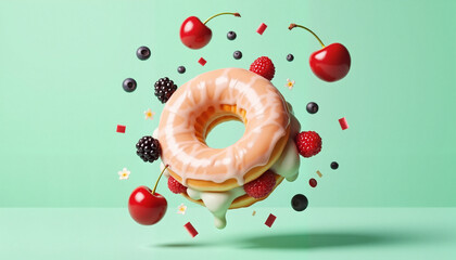 Floating donut ice cream sandwich adorned with cherries and fresh berries against a mint green background, delightful dessert concept.
