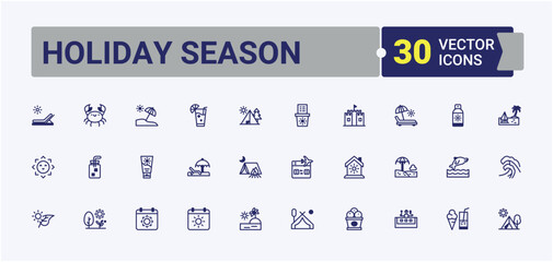 Holiday Season line icons set. Contains related to ice cream, ice, fish, star, sea, diving, flops and more. Collection for mobile and web apps. Signs for web, mobile app, packaging.