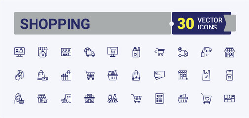 Set of Shopping line icons. Includes thin line service, purchase, gift, pay, cash, payment and more. Line with editable stroke. Vector line and solid icons.