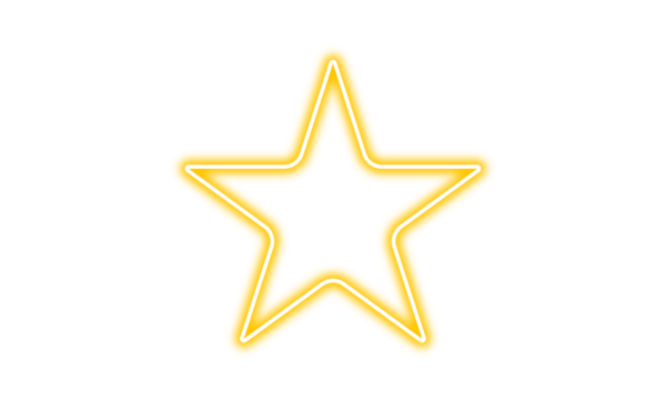 Glowing neon star shape. Isolated on transparent background. Bright yellow neon light. Futuristic star design. Neon glowing star frame. Shining star icon for decoration and design. PNG
