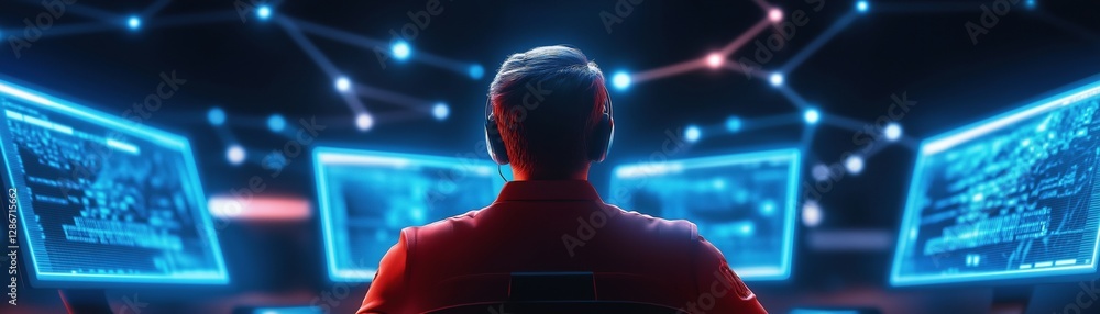 Poster mysterious hacker working in a dark room surrounded by glowing computer screens