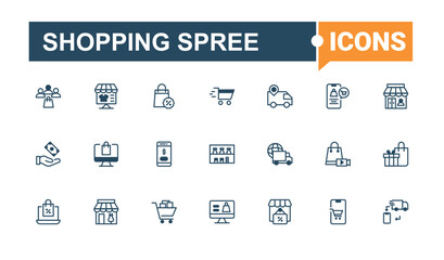 Shopping Spree line icons. Contains such icons as customer, shop, grocery, service, pay, supermarket, tag, retail. Expanded stroke. Vector icon and illustration.
