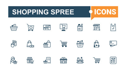 Shopping Spree line icons. Contains such icons as customer, shop, grocery, service, pay, supermarket, tag, retail. Expanded stroke. Vector icon and illustration.