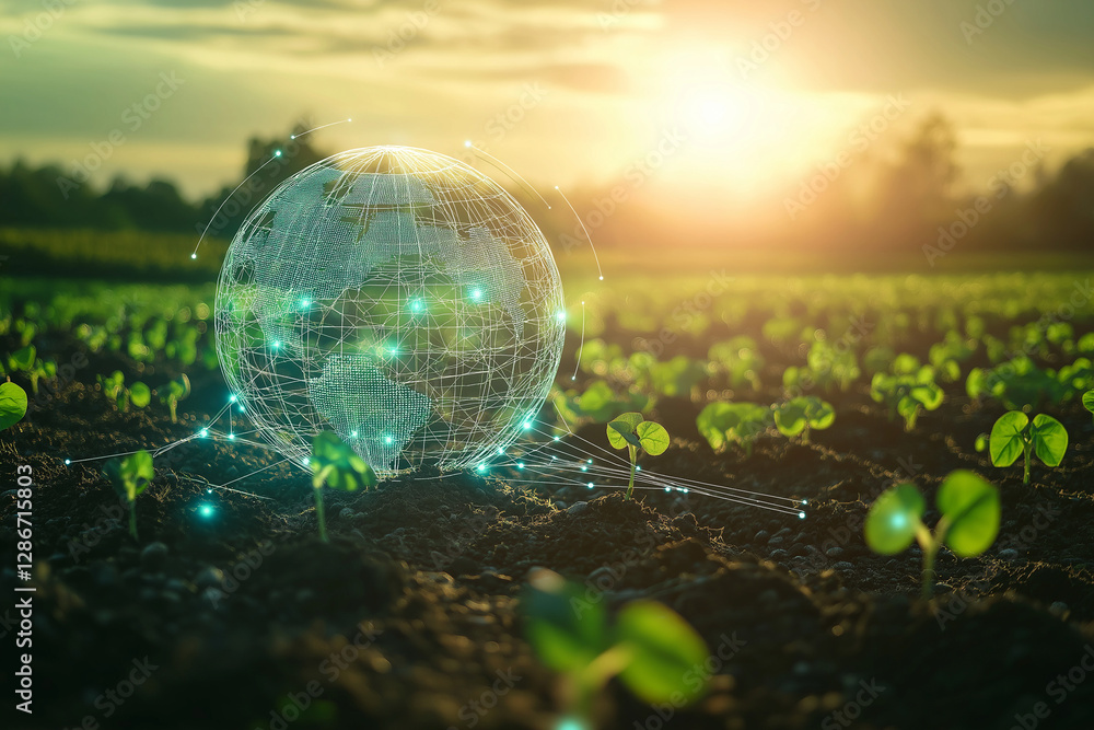 Sticker digital earth globe with network connections in a green field with seedlings and sunlight