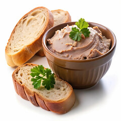A delicious bowl of pate accompanied by slices of bread