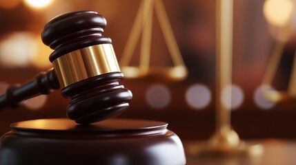 Gavel Resting on Wooden Judge's Desk with Scales of Justice in Background