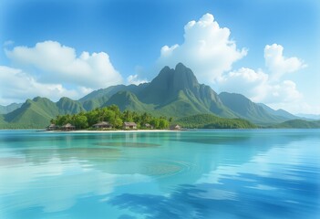  Beachfront Bungalows with Palm Trees and Mountain Range