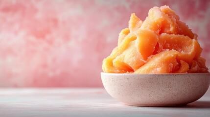 Peach-colored spread in small bowl on pink background