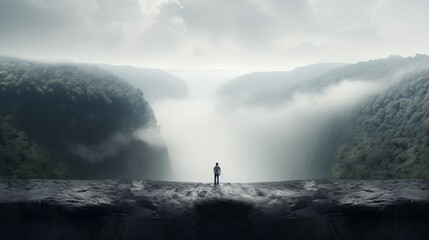 Obraz premium A hiker standing on a cliff overlooking a valley, left empty space, light gray background,generative ai illustration