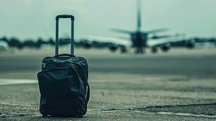 Solitary suitcase on tarmac with airplane in distance, symbolizing travel, departure, and journey concepts. Modern luggage and aviation themes for travel-related projects.