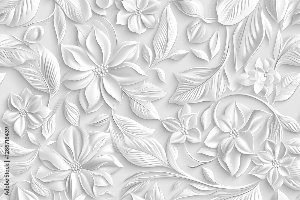 Poster embossed floral white 3d seamless pattern. beautiful relief vector background. repeat textured surfa