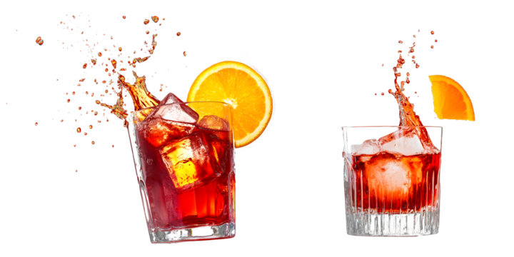 Fiery red cocktails with orange garnish and splashing liquid