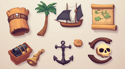 Pirate game icon, cute cartoon vector set of wooden steering wheel, ship with black sail abd skull, gun and metalic anchor, island with palm tree and scroll map, isolated illustrations for ui