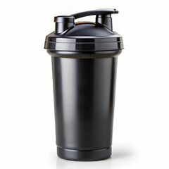A sleek black shaker bottle for sports nutrition and vitamins,