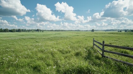 Summer meadow landscape, sunny day, split-rail fence, rural scene