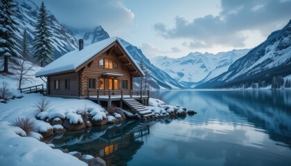 Fototapeta premium Cozy Wooden Cabin Lakeside Winter Retreat Snowy Mountain Scenery Peaceful Escape