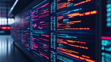 A close-up view of a digital display showing vibrant lines of code in various colors, symbolizing data processing and technology.