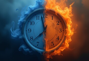  Analog clock with half in blue smoke and half in orange flames