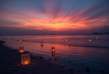  Twilight beach scene with floating lanterns