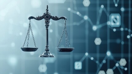 A silver balance scale symbolizes justice and fairness against a digital background with graphs and icons, representing data and analytics.