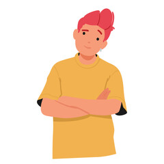 Young hipster teenager cartoon character folding hands crossed on chest looking with expectation