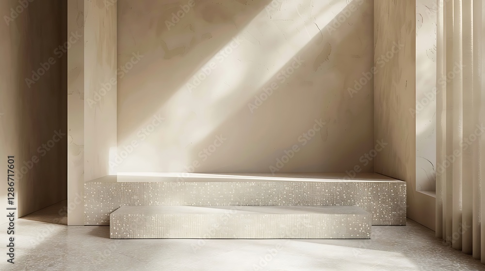 Poster a podium showcasing a subtle mosaic design with small, evenly spaced tiles in neutral tones, set in 