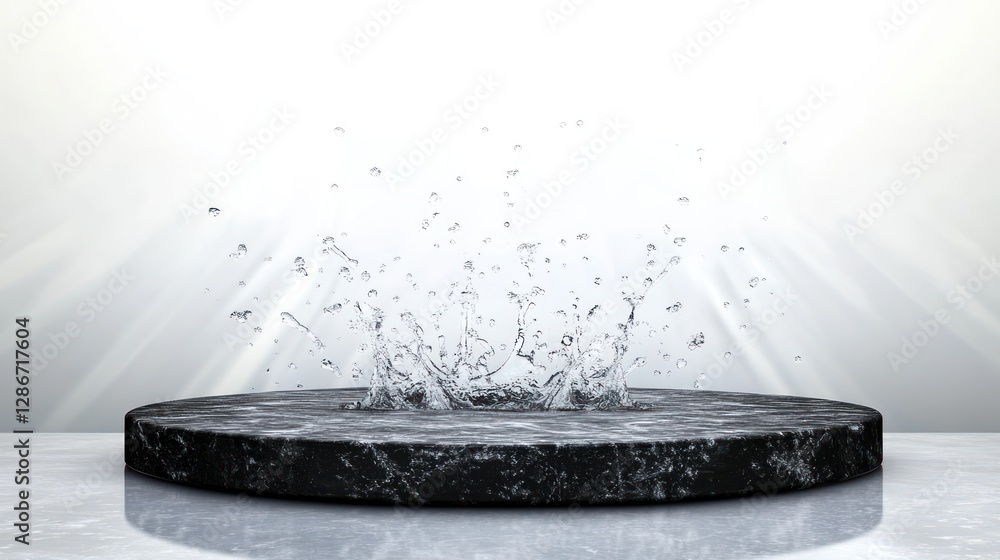 Poster water splashing on marble platform surface with light rays background